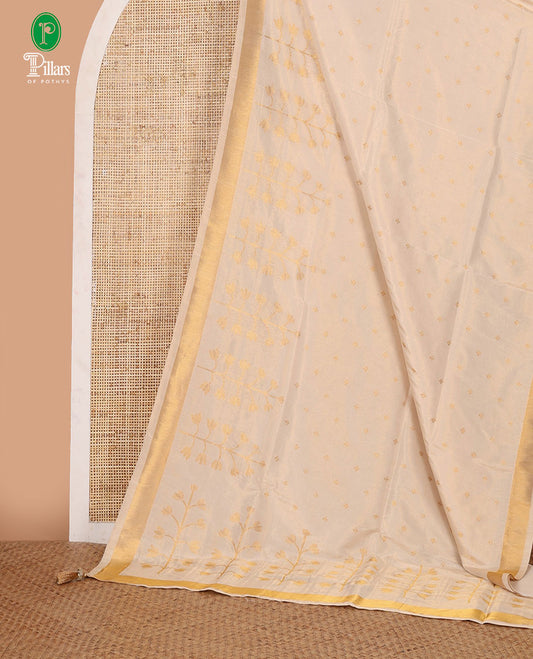 Cream floral & tree-style zari motifs woven viscose georgette saree, gold zari-bavanji border, tree-style zari motif pallu