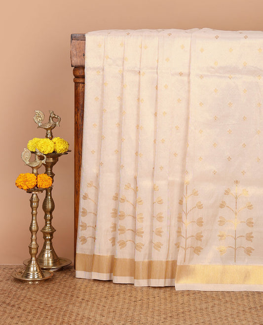 Cream floral & tree-style zari motifs woven viscose georgette saree, gold zari-bavanji border, tree-style zari motif pallu