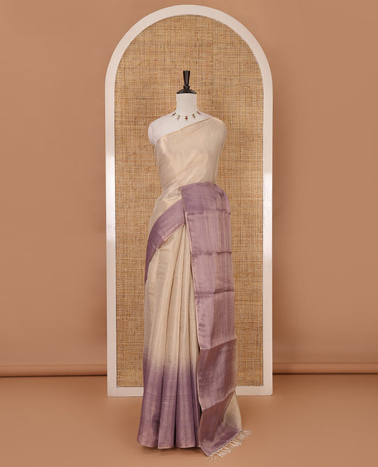 Borderless sandal-lavender plain ombre-colored tissue saree, plain pallu & circle motifs printed blouse