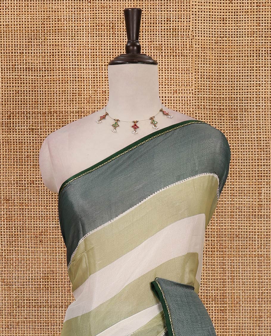 Pista green horizontal stripes printed lassi cotton saree, lace border & contrast buttas woven blouse