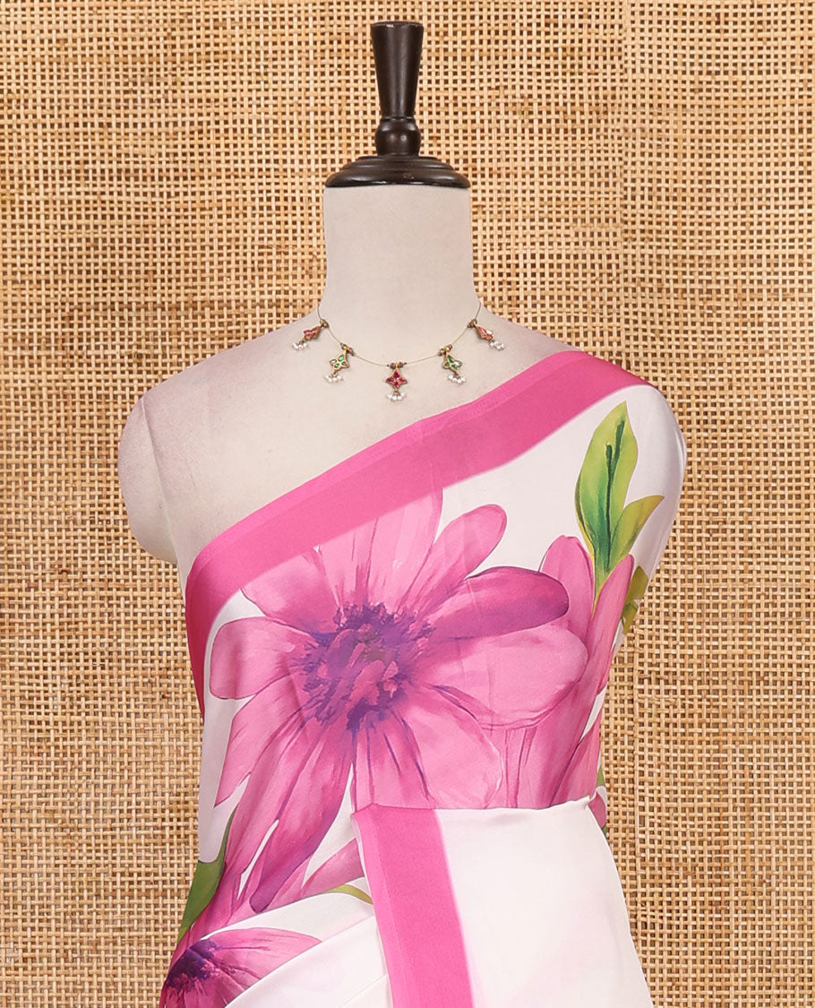 Cream base digital printed satin crepe saree with big baby pink floral motifs all over the saree, plain baby pink border & blouse