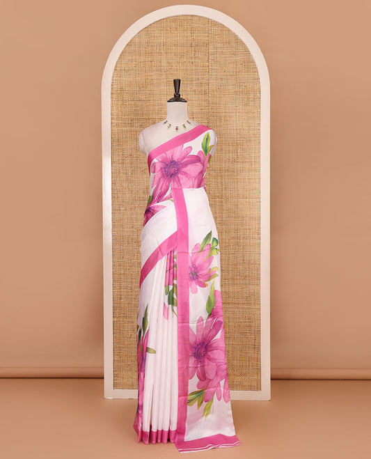 Cream base digital printed satin crepe saree with big baby pink floral motifs all over the saree, plain baby pink border & blouse