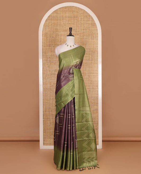 Borderless brown and olive green zari stripes and geometric patterns printed soft tussar saree, geometric printed pallu, and contrast diamond motif printed blouse
