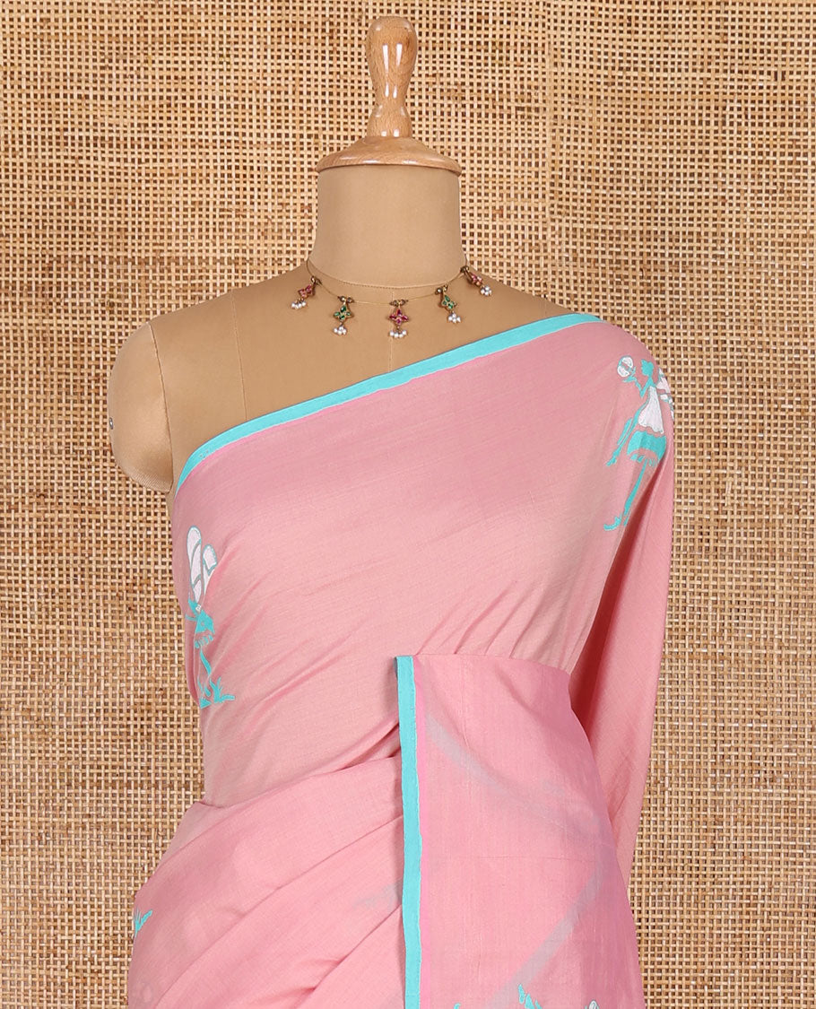 Borderless pink fairy motifs South cotton saree with a matching blouse, and a contrast chevron printed blouse