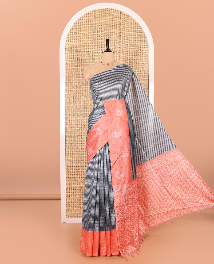 Grey and Rama Semi-Tussar Saree Enriched with Vertical Stripes Printed Across the Body, Featuring a Contrast Paisley Motif Printed Border, an Intricately Designed Pallu of Jaal Design, and Paired with a Contrast Blouse