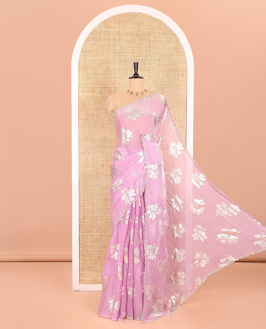 Baby Pink Fendi Satin Saree Beautified with Floral Motifs in Golden Foil Prints, Sparkling Scallop Swarovski Stone Work Border, Pallu of the Same Foil Prints, and Comes with a Matching Colored Stone Work Blouse
