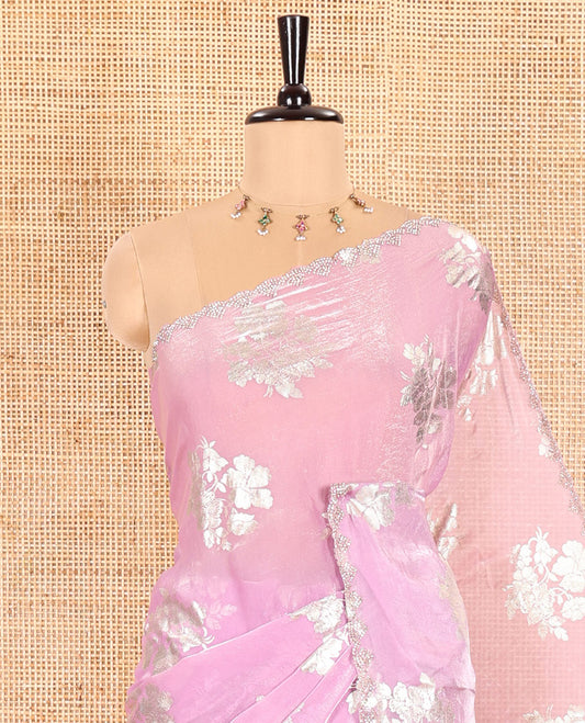 Baby Pink Fendi Satin Saree Beautified with Floral Motifs in Golden Foil Prints, Sparkling Scallop Swarovski Stone Work Border, Pallu of the Same Foil Prints, and Comes with a Matching Colored Stone Work Blouse