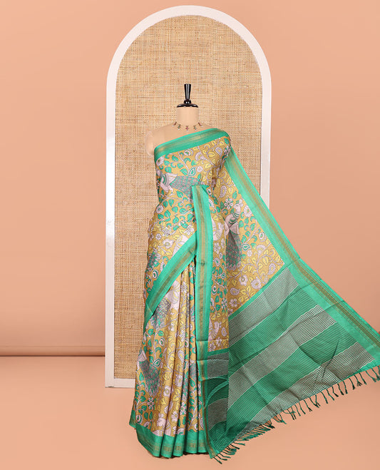 Mehenti Green Manipuri Silk Saree, Accentuated with Kalamkari-Style Floral Vine and Peacock Motifs Printed All Over Its Body, Complemented by a Contrast Zari Border, Pallu of Chevron Stripes, and Paired with a Contrast Blouse