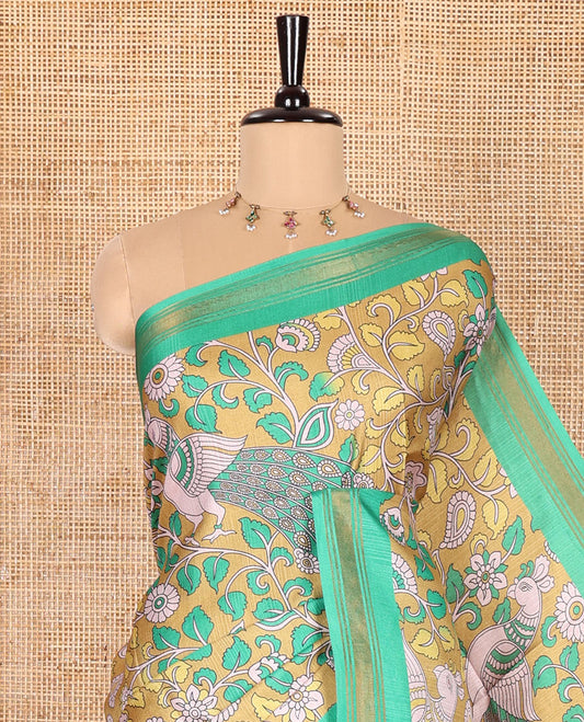 Mehenti Green Manipuri Silk Saree, Accentuated with Kalamkari-Style Floral Vine and Peacock Motifs Printed All Over Its Body, Complemented by a Contrast Zari Border, Pallu of Chevron Stripes, and Paired with a Contrast Blouse