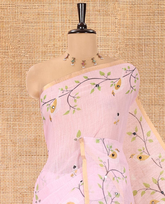 Baby Pink Linen Cotton Saree, Entralled with Floral Vine Print and Mirror Work On Its Body, Subtle Piping Border, Pallu Steeped with Stripes, and Comes With a Contrast Blouse