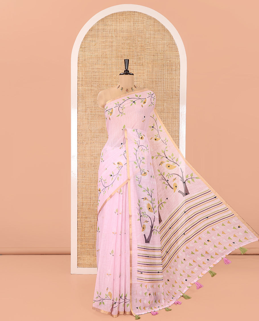 Baby Pink Linen Cotton Saree, Entralled with Floral Vine Print and Mirror Work On Its Body, Subtle Piping Border, Pallu Steeped with Stripes, and Comes With a Contrast Blouse