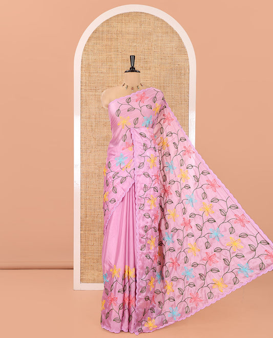Lavender Rangoli Chiffon Saree, Finely Crafted with Multi-Color Floral Vine Embroidery on Its Body, Floral Embroidered Pallu, and Contrast Floral Embroidered Blouse