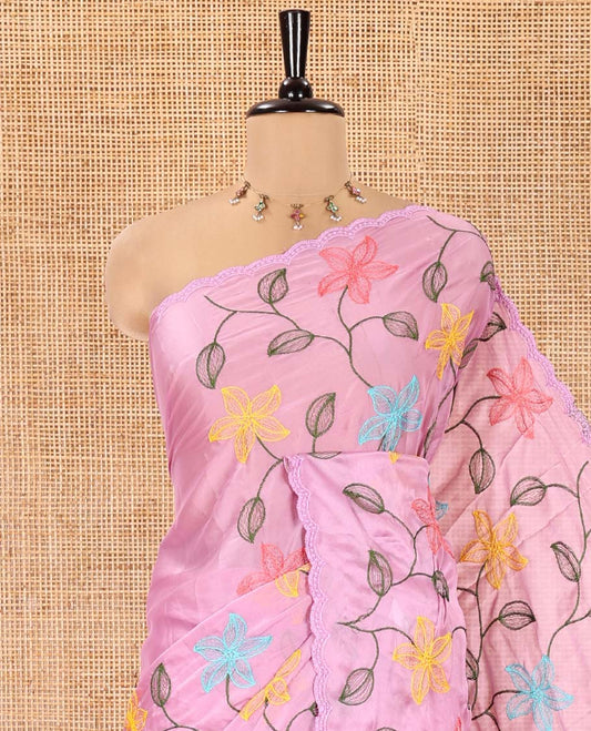 Lavender Rangoli Chiffon Saree, Finely Crafted with Multi-Color Floral Vine Embroidery on Its Body, Floral Embroidered Pallu, and Contrast Floral Embroidered Blouse