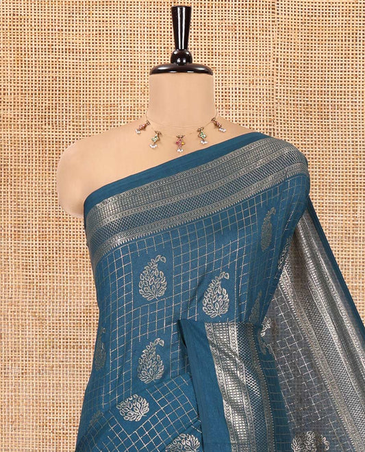 Blue Vichitra Silk Saree Features Checks and Paisley Buttas, a Traditional Zari Border, and a Contrast-Embroidered Blouse
