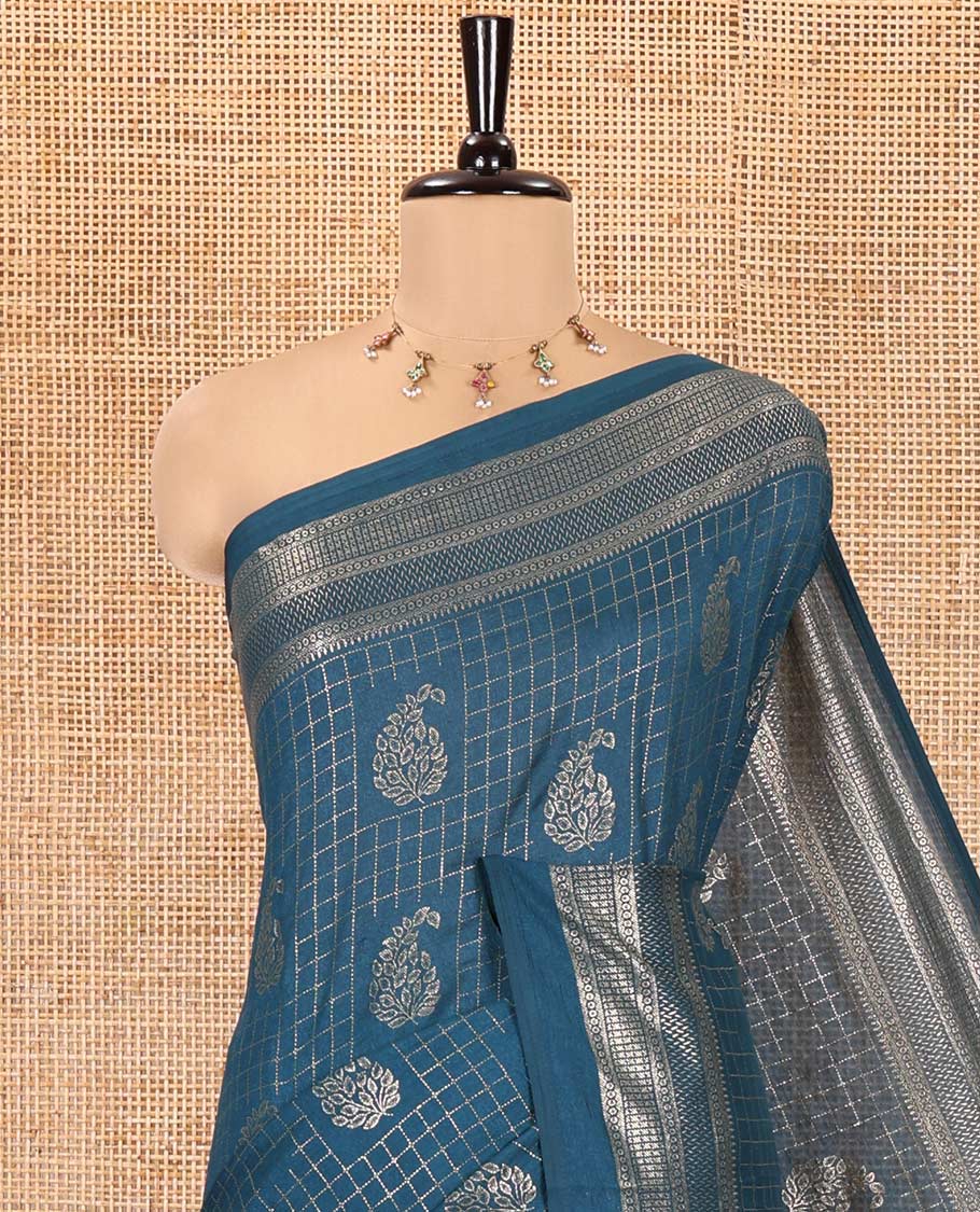 Blue Vichitra Silk Saree Features Checks and Paisley Buttas, Highlighted by a Traditional Zari Border and Contrast Embroidered Blouse