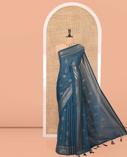 Blue Vichitra Silk Saree Features Checks and Paisley Buttas, a Traditional Zari Border, and a Contrast-Embroidered Blouse