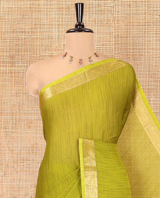 Mehendi Plain Moss Chiffon Saree, Highlighted by a Zari Border of Paisley Designs, a Self-Pallu, and Has No Blouse