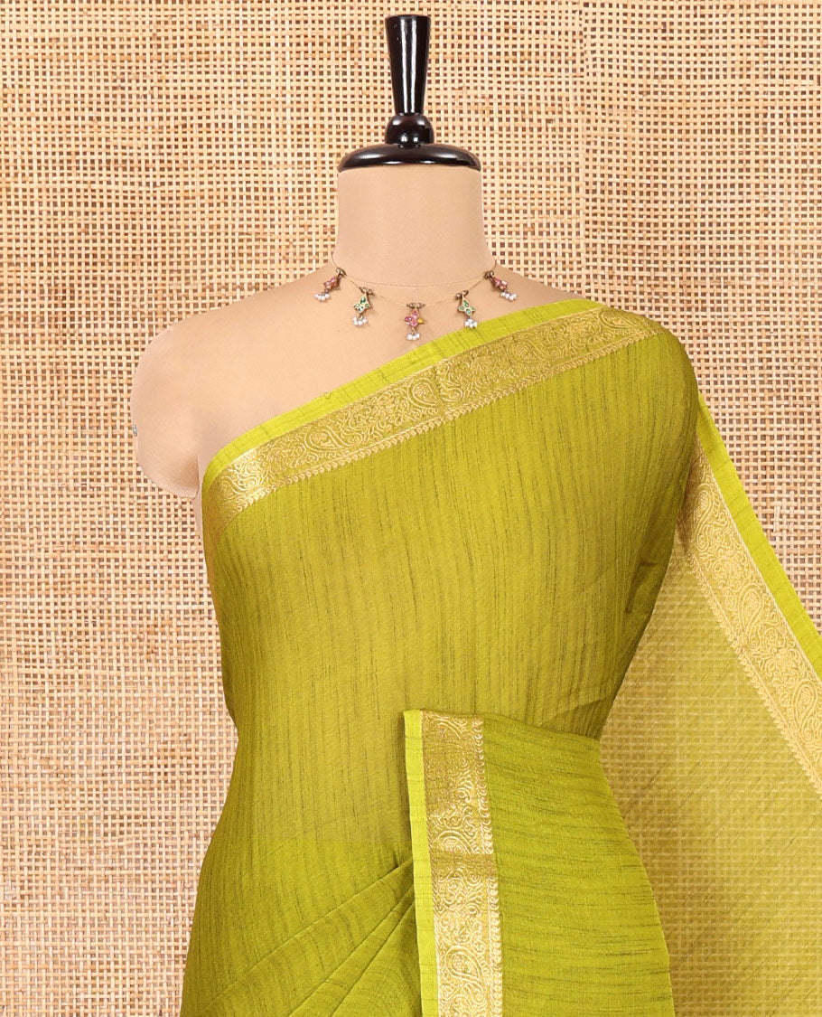 Mehendi Plain Moss Chiffon Saree, Highlighted by a Zari Border of Paisley Designs, a Self-Pallu, and Has No Blouse