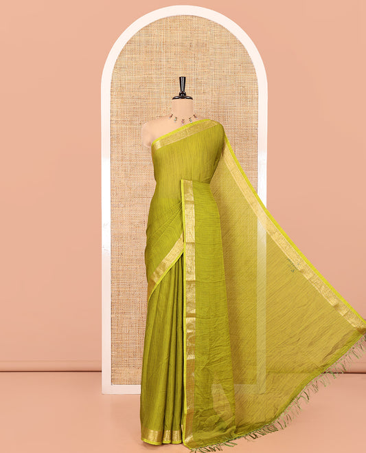 Mehendi Plain Moss Chiffon Saree, Highlighted by a Zari Border of Paisley Designs, a Self-Pallu, and Has No Blouse