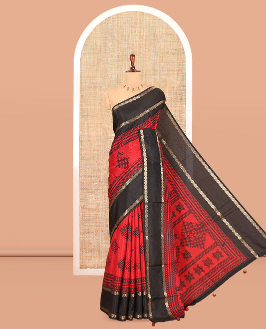 Red Art Tussar Saree, Adorned with Kolam Buttas, a Contrast Rettai Pettu Rudraksham Border, Kolam Pallu, and a Contrast Blouse
