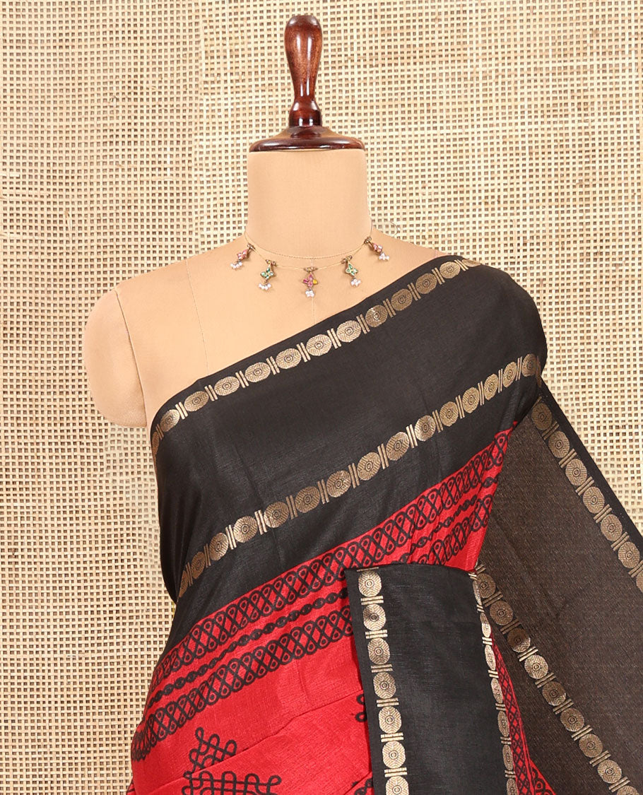 Red Art Tussar Saree, Adorned with Kolam Buttas, a Contrast Rettai Pettu Rudraksham Border, Kolam Pallu, and a Contrast Blouse