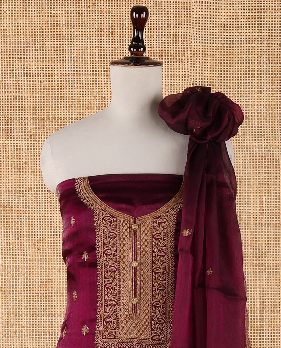 Purple chudidar material set, floral design thread embroidered Burberry top, floral-themed embroidered Burberry dupatta & plain Santoon bottom