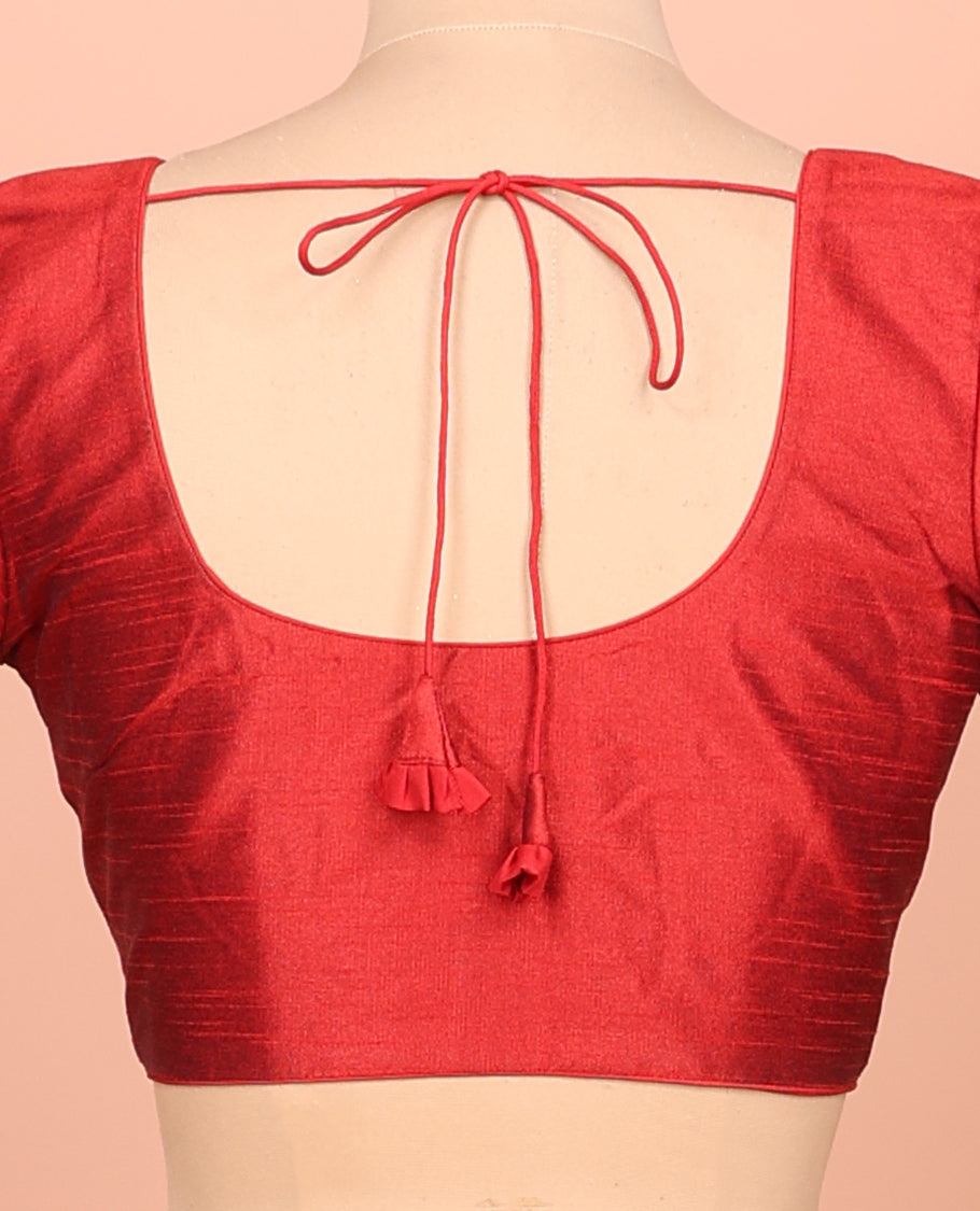Red Plain Readymade Blouse Featuring a Front Round-Neck, Back Round-Neck, and Half-Sleeves