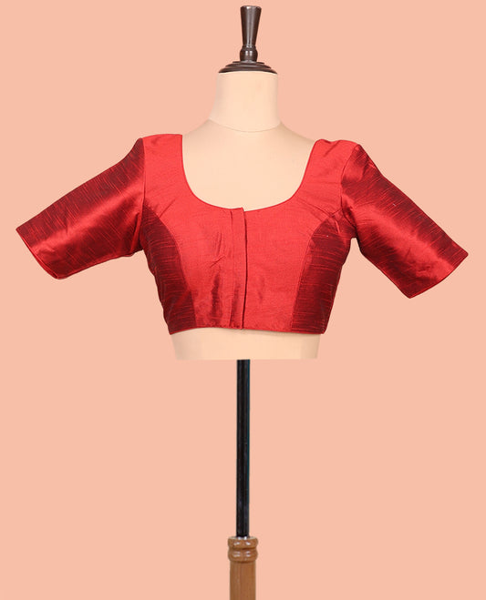 Red Plain Readymade Blouse Featuring a Front Round-Neck, Back Round-Neck, and Half-Sleeves