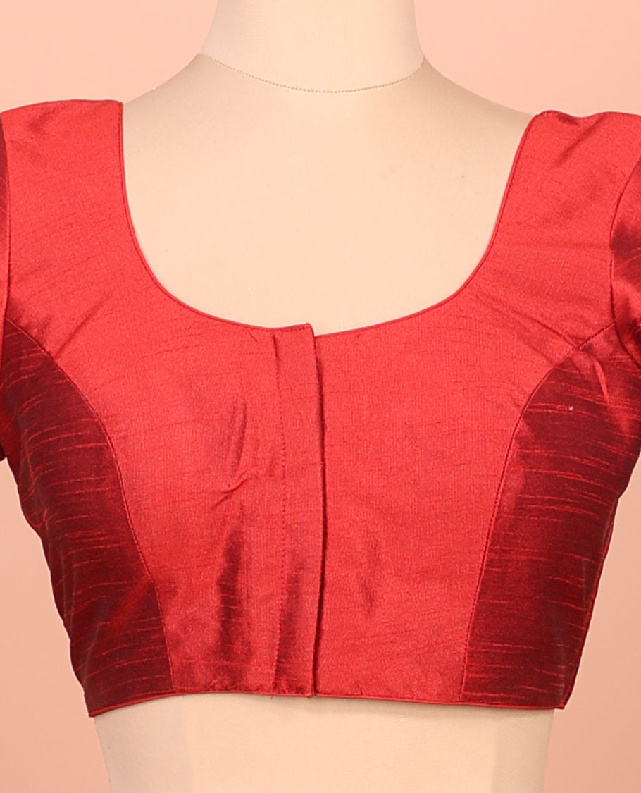 Red Plain Readymade Blouse Featuring a Front Round-Neck, Back Round-Neck, and Half-Sleeves