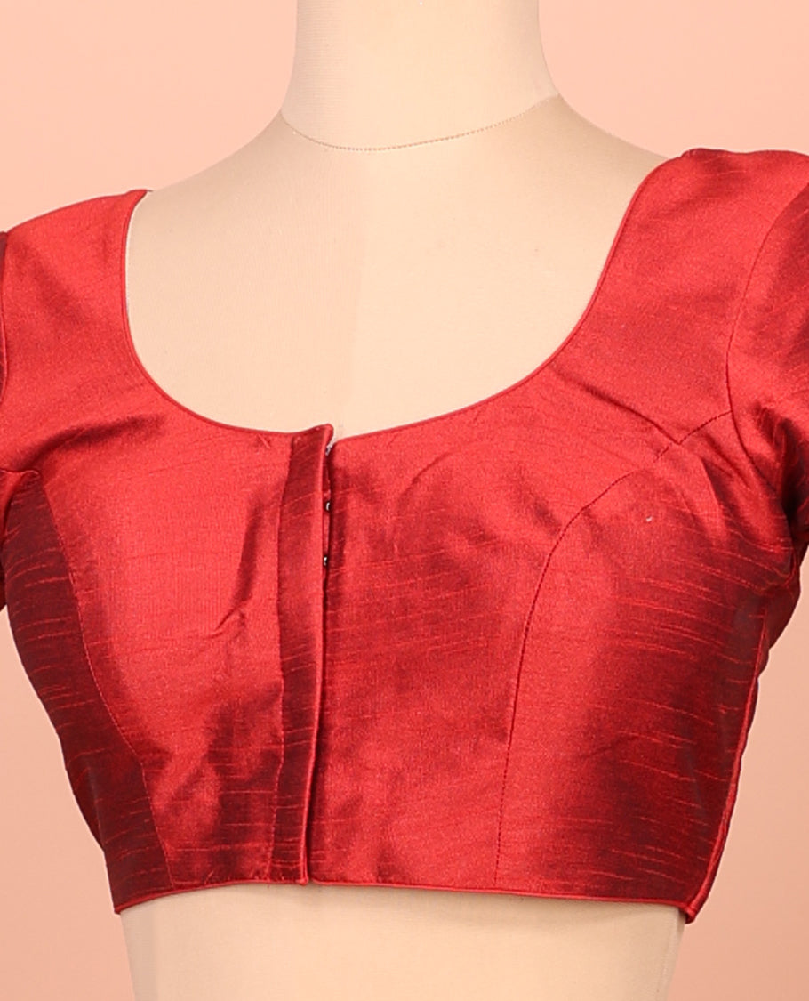 Red Plain Readymade Blouse Featuring a Front Round-Neck, Back Round-Neck, and Half-Sleeves