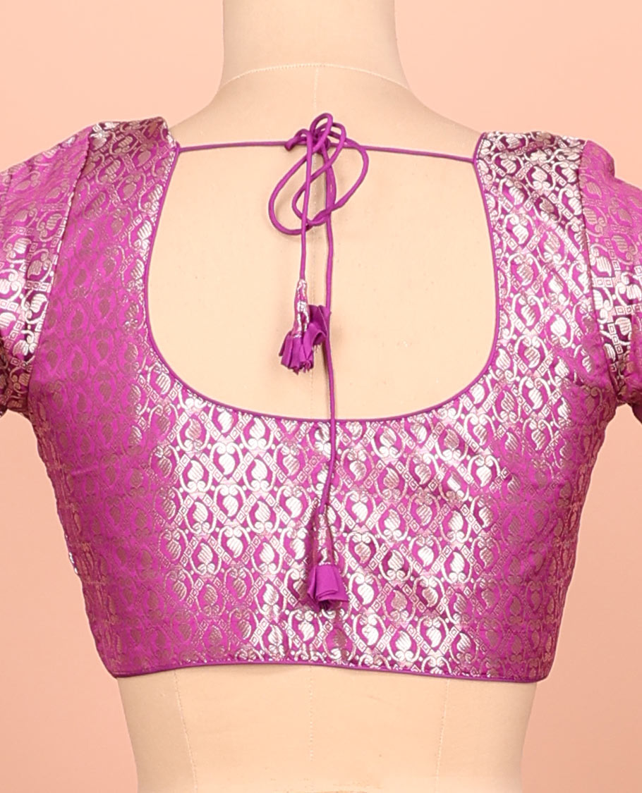 Purple paisleys-theme jacquard front-back round neck elbow-sleeve readymade blouse