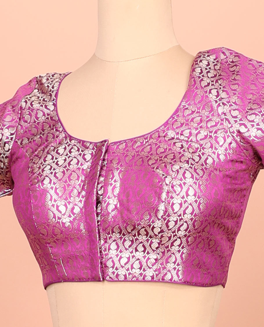 Purple paisleys-theme jacquard front-back round neck elbow-sleeve readymade blouse