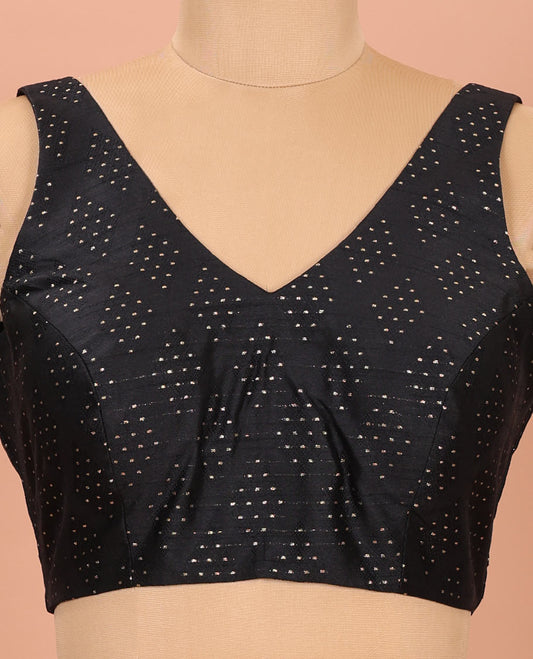 Black Readymade Blouse Highlighted by Dobby-Style Buttas, Featuring a Front V-Neck, Back Deep V-Neck, and Sleeveless Hand