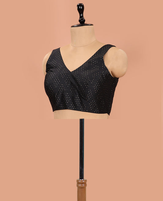 Black Readymade Blouse Highlighted by Dobby-Style Buttas, Featuring a Front V-Neck, Back Deep V-Neck, and Sleeveless Hand