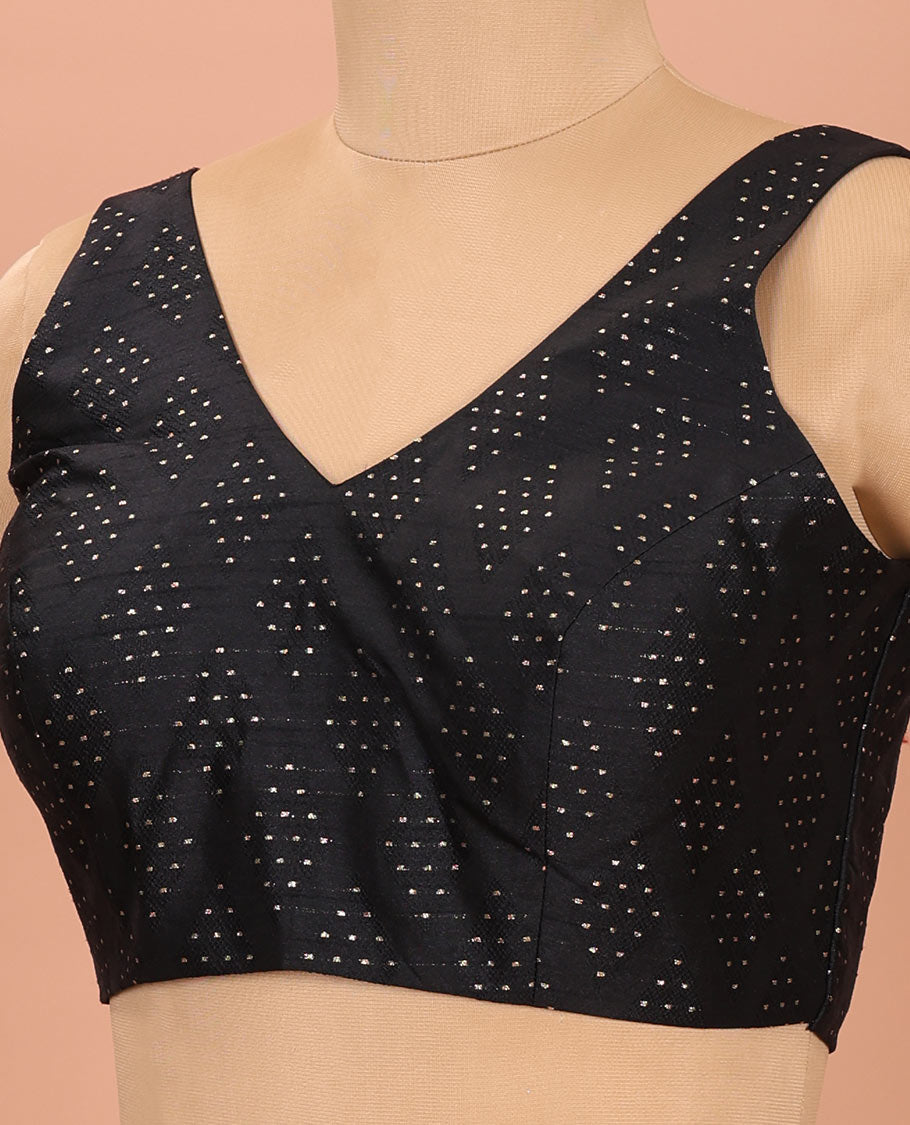 Black Readymade Blouse Highlighted by Dobby-Style Buttas, Featuring a Front V-Neck, Back Deep V-Neck, and Sleeveless Hand