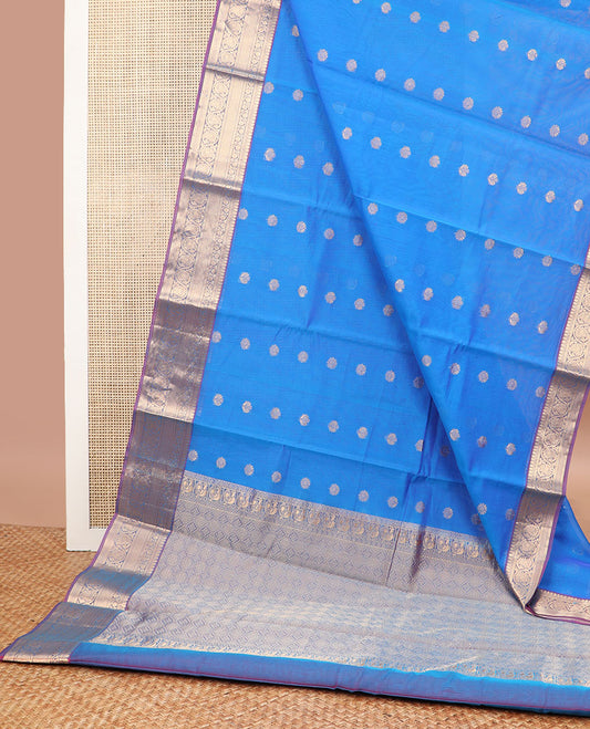 blue motifs silk cotton saree with contrast zari design border & argyle design pallu