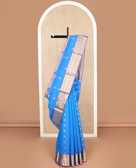 blue motifs silk cotton saree with contrast zari design border & argyle design pallu