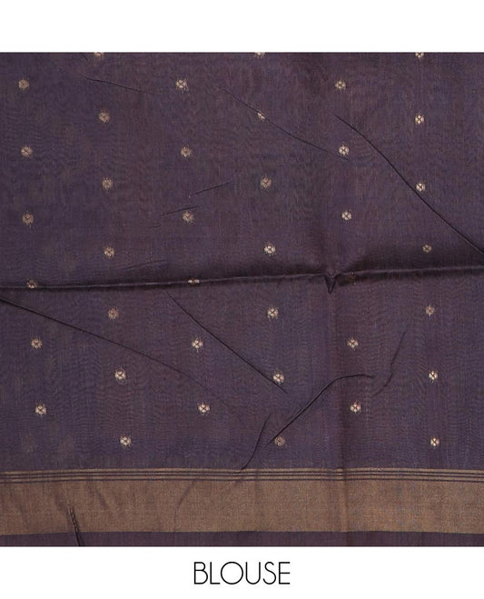 Grey zari buttas and elephant motifs tussar silk saree, contrast bavanji border, and patola style elephant motifs printed pallu
