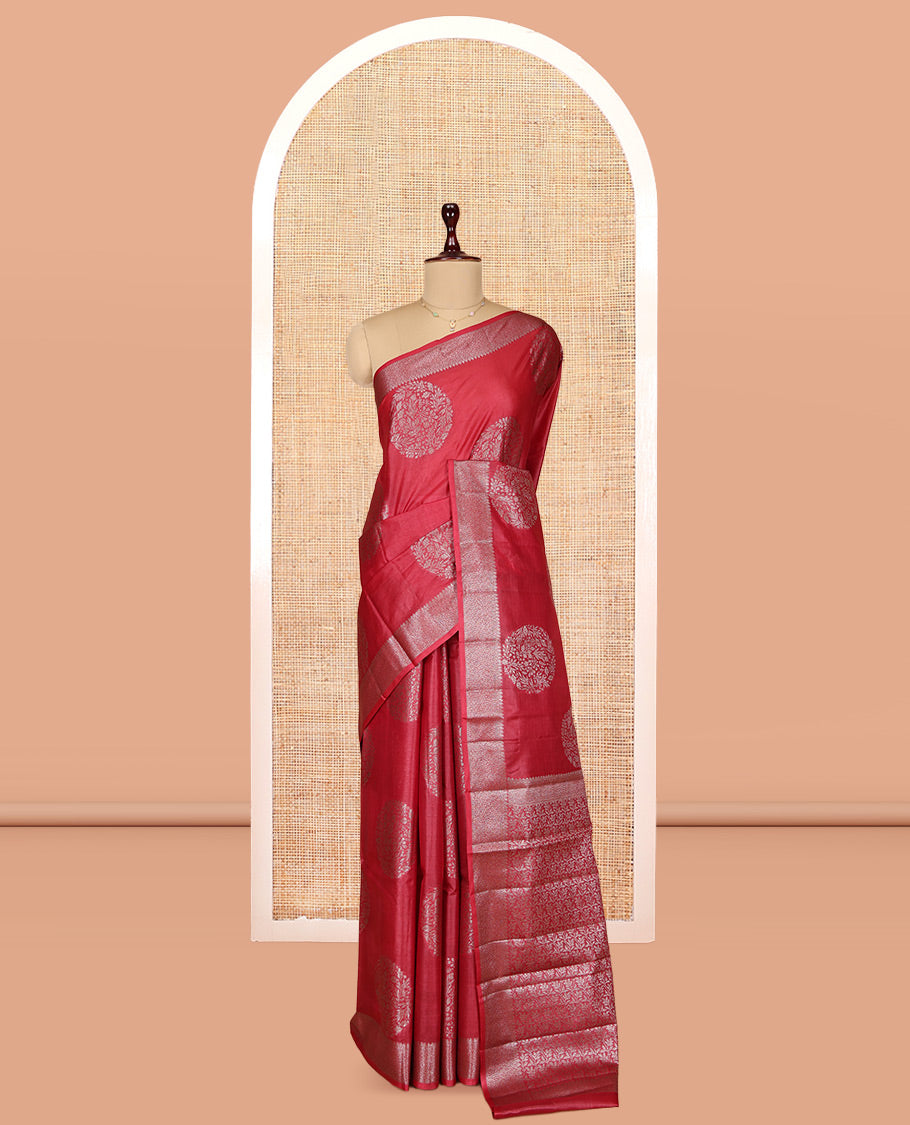 Red Tusser Silk Saree, Beautified with Zari Buttas, a Zari Border, Intricate Pallu, and a Matching Blouse