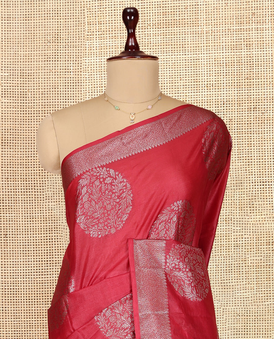 Red Tusser Silk Saree, Beautified with Zari Buttas, a Zari Border, Intricate Pallu, and a Matching Blouse