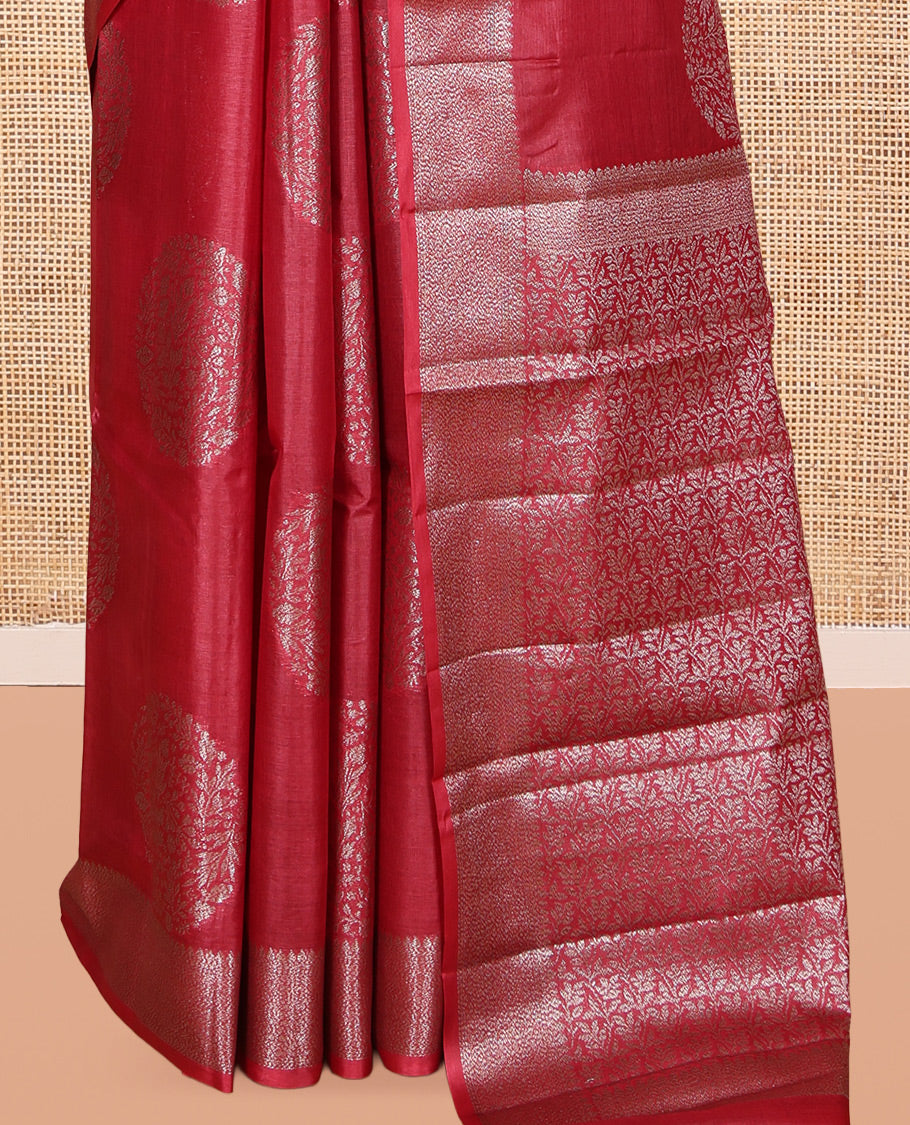 Red Tusser Silk Saree, Beautified with Zari Buttas, a Zari Border, Intricate Pallu, and a Matching Blouse