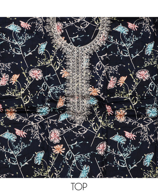 Black material chudidar set, floral print with neck embroidered top, plain bottom, and contrast chevron sequins-thread striped dupatta