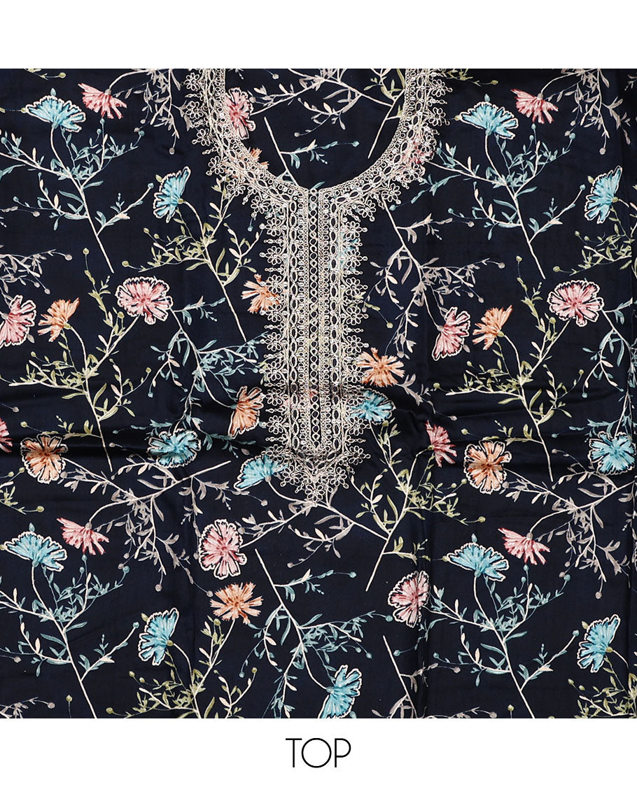 Black material chudidar set, floral print with neck embroidered top, plain bottom, and contrast chevron sequins-thread striped dupatta