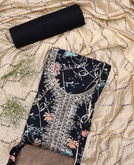 Black material chudidar set, floral print with neck embroidered top, plain bottom, and contrast chevron sequins-thread striped dupatta