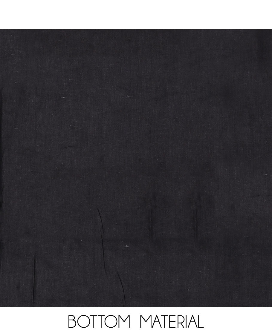 Black material chudidar set, floral motifs print with patch cloth neck embroidery top, plain bottom, and geometric thread embroidered dupatta