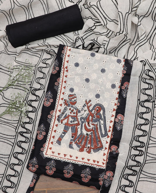 Black material chudidar set, floral motifs print with patch cloth neck embroidery top, plain bottom, and geometric thread embroidered dupatta