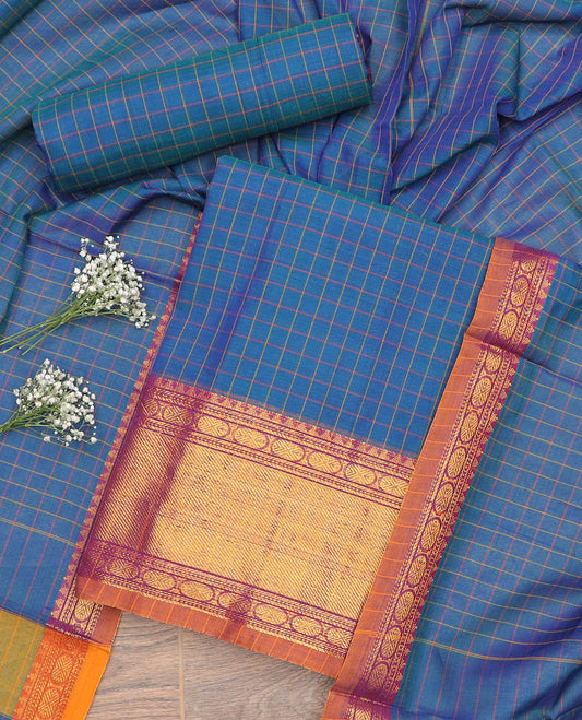 Blue checked, intricate zari design chudidhar material top with plain bottom & checked, zari design border dupatta