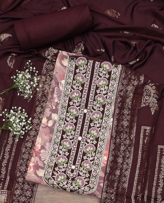 Mauve material chudidar set, floral printed with neck embroidered top, contrast plain bottom, and zari design dupatta