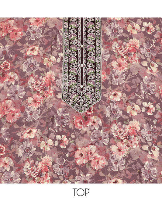 Mauve material chudidar set, floral printed with neck embroidered top, contrast plain bottom, and zari design dupatta