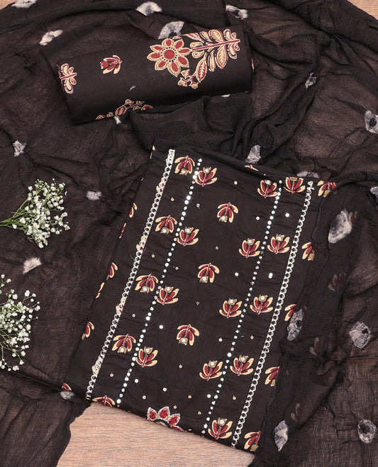 Black Cotton Material Churidar Set, Delicately Woven with Buttas and Mirror Work Top, Printed Bottom, and Printed Chiffon Dupatta